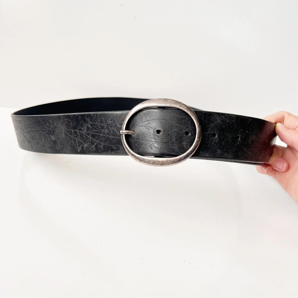 Eddie Bauer Leather Belt XL Black Floral Vine Embossed Boho 90s Silver Buckle